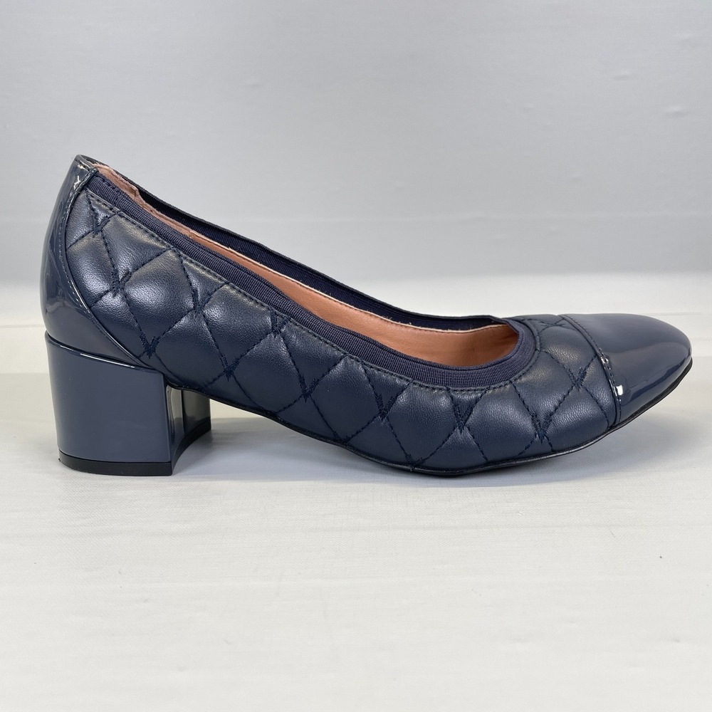 Vionic Ruby Block Heel Shoes Womens Size 7.5 Blue Quilted Leather Cap Toe Pumps